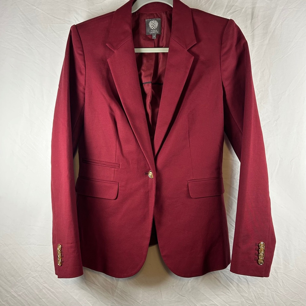 Vince‎ Camuto Womens Burgundy Single Button Blazer Gold Crest Buttons Size 2